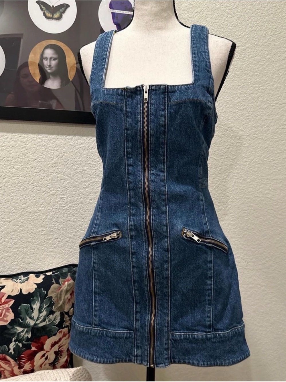 We The Free Dark Blue Denim Zip-Front Mini Dress